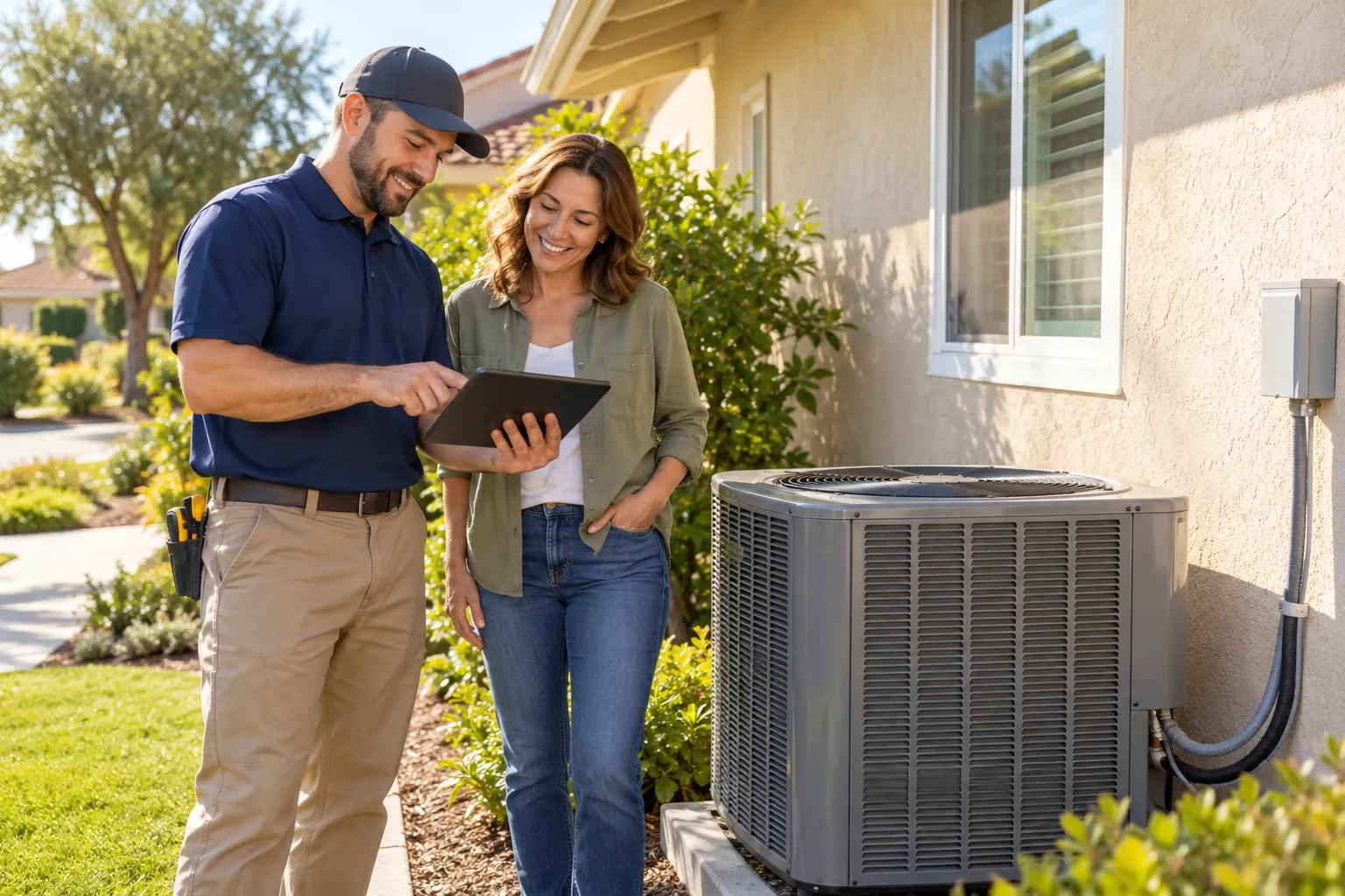 Homeowner reviewing an AC installation estimate beside a new outdoor unit at a stucco ranch home in Irvine
