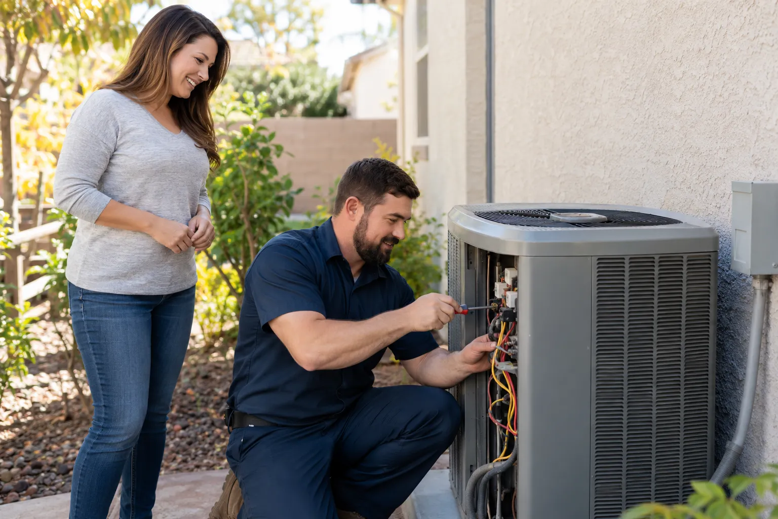 A provider inspecting an outdoor air conditioner at a home in the Irvine area